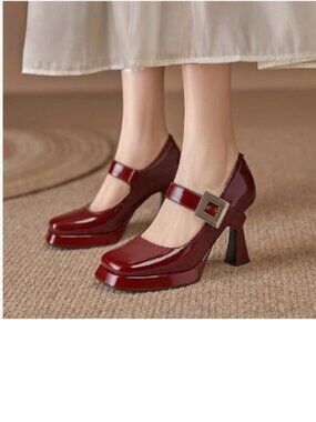 YDN Red Dressy Platform Ankle Strap Pumps Squared Toe Mary Jane Block Heels Shoe